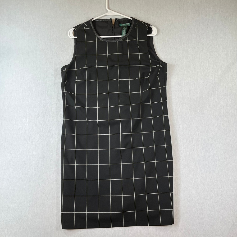 Lauren Ralph Lauren Sheath Dress 10 Black Windowpane Plaid Leather Trim